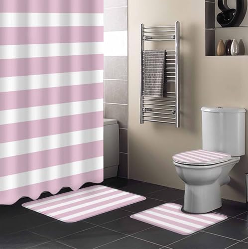 Pink Stripe Bathroom Set with Shower Curtain and Rug and Accessories