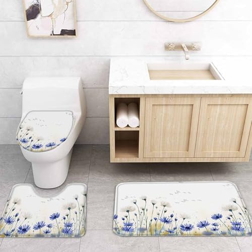 ZOE GARDEN Blue Daisy Bath Set with Curtain Rug and Hooks