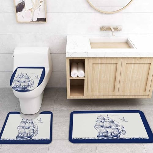 Nautical Sailboat Bathroom Set with Curtain Rug and Hooks - Navy Blue 36x72 Inches