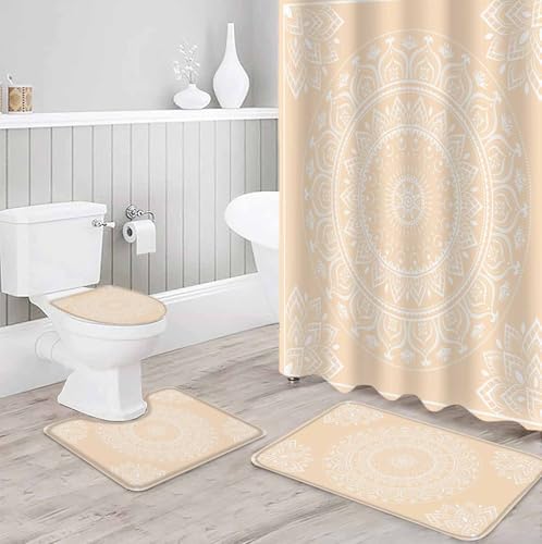 Cream Boho Bathroom Set with Shower Curtain Rug and Accessories