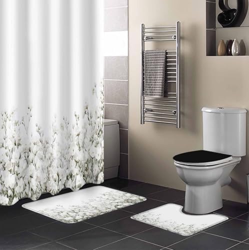 ZOE GARDEN White Floral Bath Set with Curtain Rug and Accessories