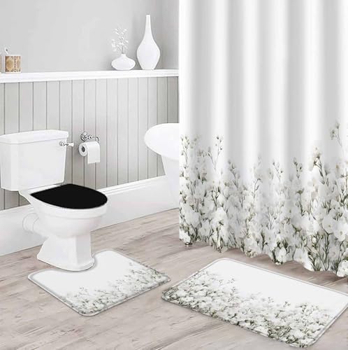 ZOE GARDEN White Floral Bath Set with Curtain Rug and Accessories