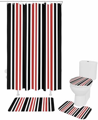 ZOE GARDEN Red Black Striped Bath Set with Curtain Rug Hooks