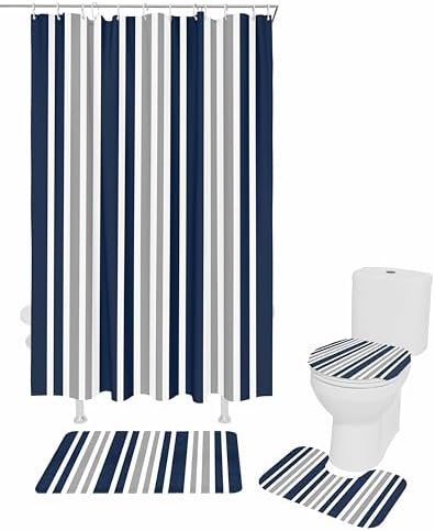 Navy Blue Grey Bathroom Set with Curtain Rug and Accessories 1