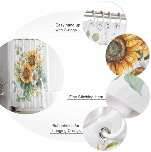 ZOE GARDEN Sunflower Bathroom Set with Curtain Rug and Hooks - 66x72 Inches