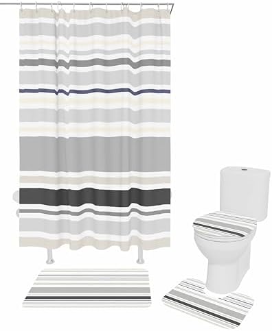 Grey Stropes Bathroom Set with Curtain Rug and Accessories