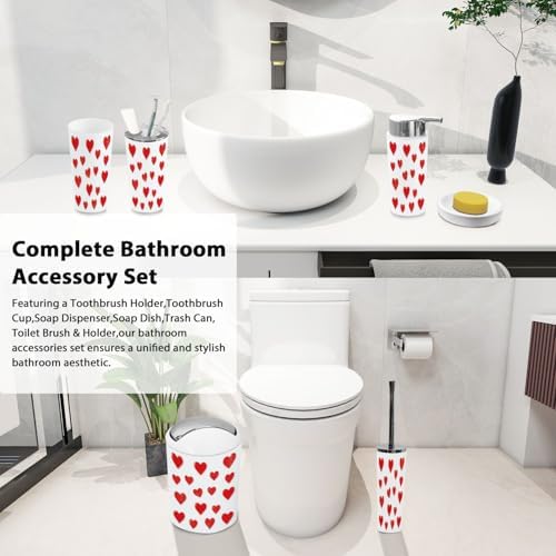 Boho Bathroom Accessory Set 6 Piece Red Hearts Design