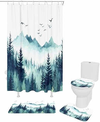 Turquoise Forest Bathroom Set with Curtain and Rug