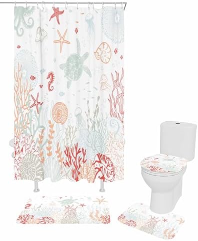 Coastal Turtle Bathroom Set with Shower Curtain Rug and Accessories