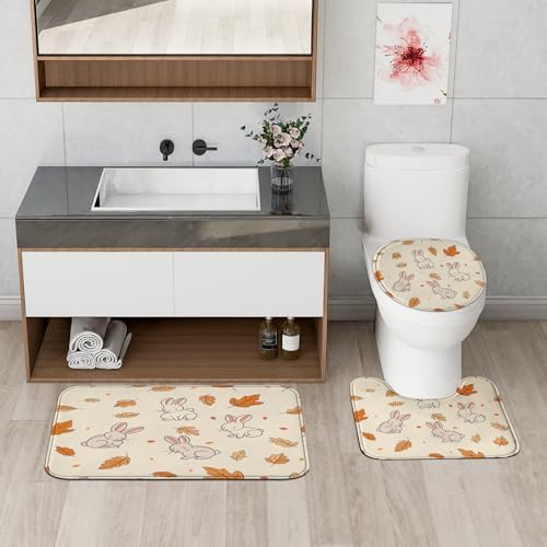 4PCS Fall Cartoon Rabbit Bathroom Set with Non-Slip Rug