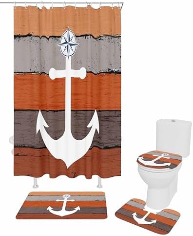 Anchor Orange Bathroom Set with Shower Curtain and Rug