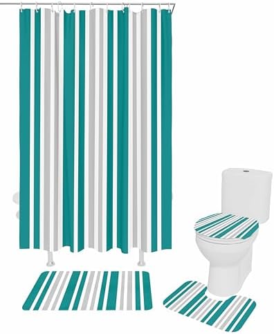 ZOE GARDEN Teal White Bathroom Set with Shower Curtain and Rug