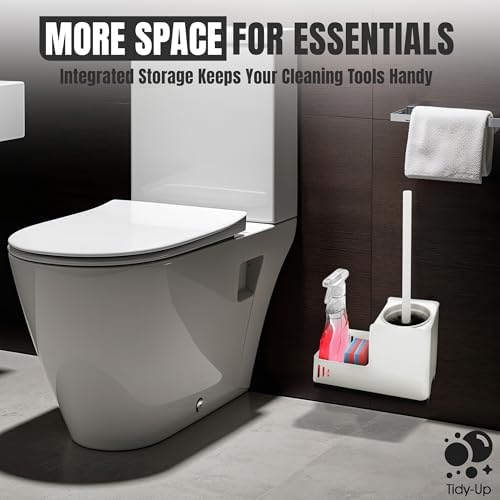 White Toilet Brush and Holder Set - Wall Mounted with Tray and Compartment