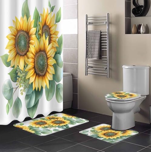 ZOE GARDEN Sunflower Bath Set - 36x72 Waterproof Curtain Mat Rug Accessories