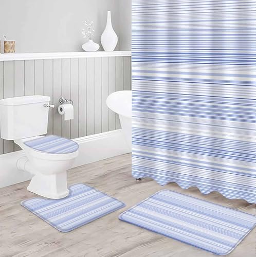 ZOE GARDEN Blue Pinstripe Bathroom Set with Curtain Rug and 12 Hooks