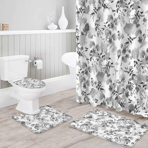 Gray Flower Bathroom Set with Curtain Rug and Hooks