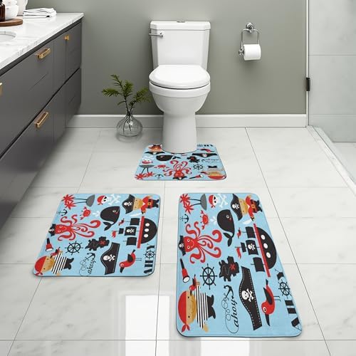 Ambesonne Pirate Bathroom Rug Set 3 Pieces Blue Dark Pink 1