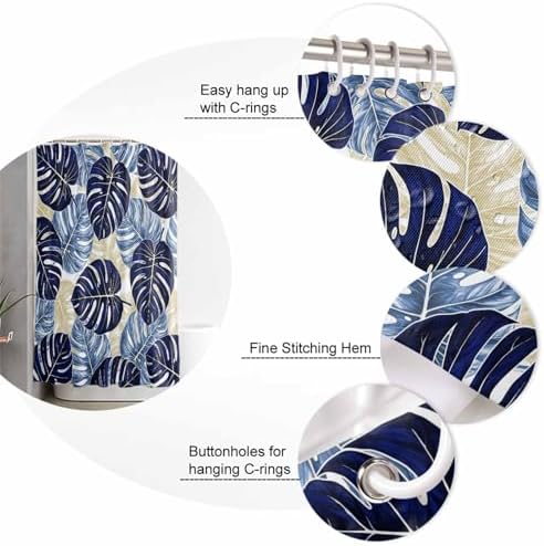 Navy Palm Leaf Bathroom Set with Curtain Rug and Accessories