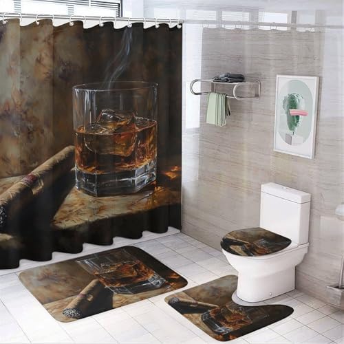 HDESDIS 4Pcs Cigar Oil Painting Shower Curtain Set