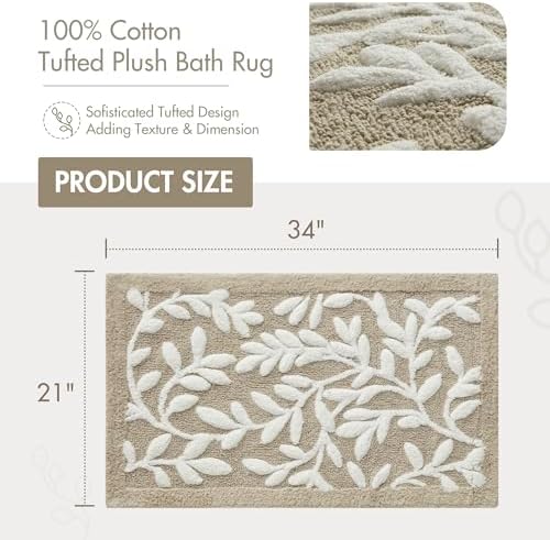 Madison Park Serene Cotton Tufted Bathroom Rug - Floral Leaf Design 21x34 Taupe