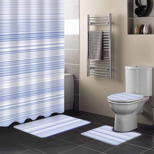 ZOE GARDEN Blue Pinstripe Bathroom Set with Curtain Rug and 12 Hooks