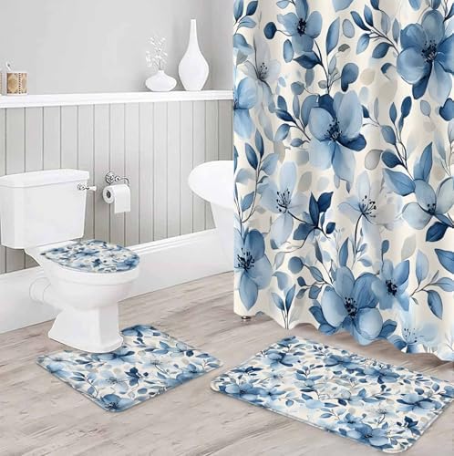 ZOE GARDEN Blue Flower Bath Set with Rug and Curtain