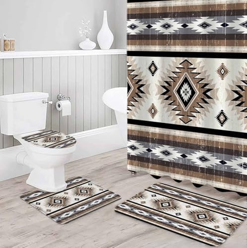 Brown Southwest Bathroom Set with Shower Curtain and Rug