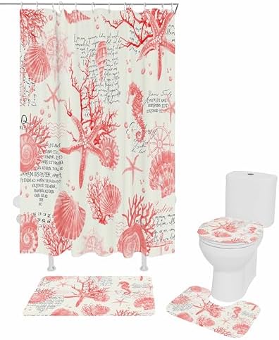 ZOE GARDEN Red Coastal Bath Set with Curtain Rug and Accessories