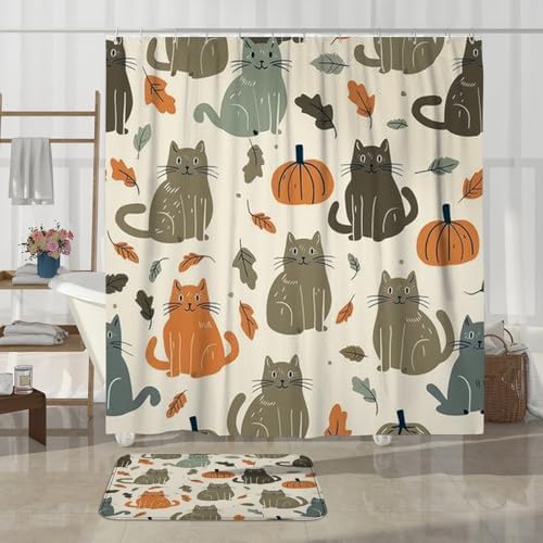 4PCS Fall Kawaii Cat Bathroom Set with Non-Slip Rug