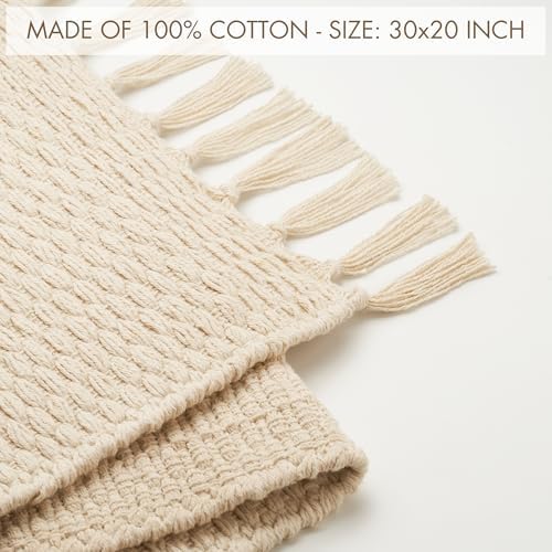 KIBAGA Boho Bathroom Rug - Soft 20x30 Inch Beige Cotton Mat with Tassels