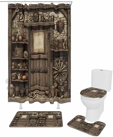 Farmhouse Wooden Bathroom Set with Shower Curtain and Rug Accessories