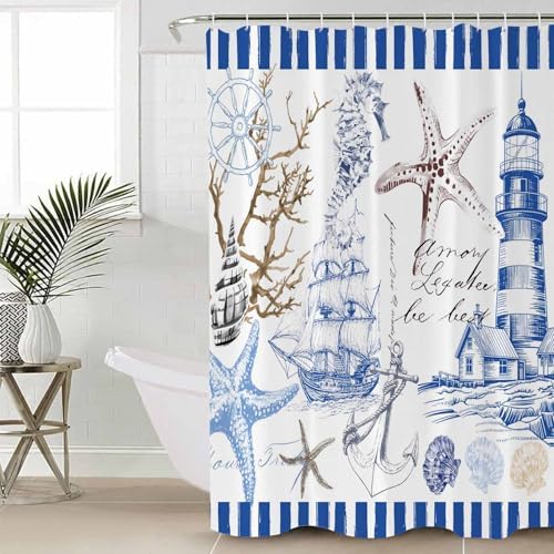Coastal Blue Bathroom Set with Shower Curtain Rug and Accessories