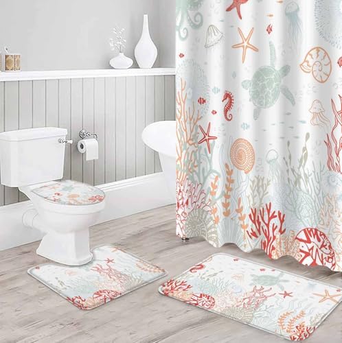 Coastal Turtle Bathroom Set with Shower Curtain Rug and Accessories