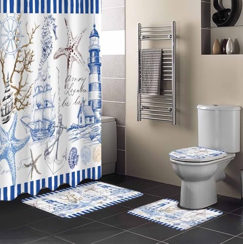 Coastal Blue Bathroom Set with Shower Curtain Rug and Accessories