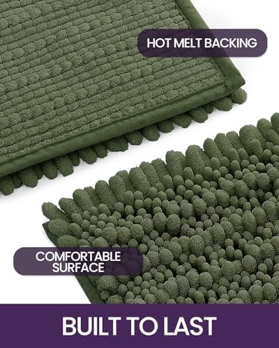 DEXI Olive Green Bath Mat 20x32 Non Slip Chenille Rugs
