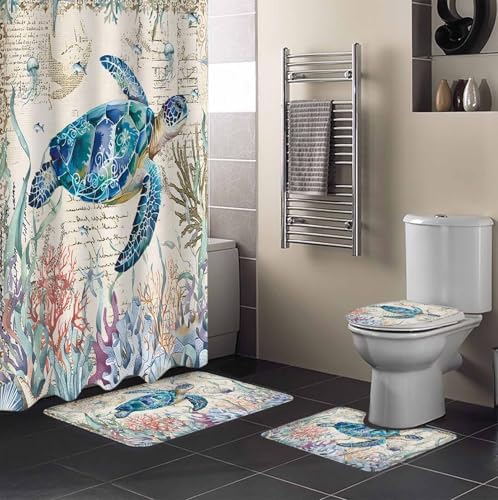 ZOE GARDEN Coastal Turtle Bathroom Set with Rug and Curtain