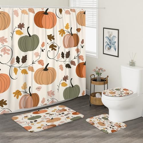 4PCS Fall Cream Pumpkin Bathroom Set with Non-Slip Rug and U Shape