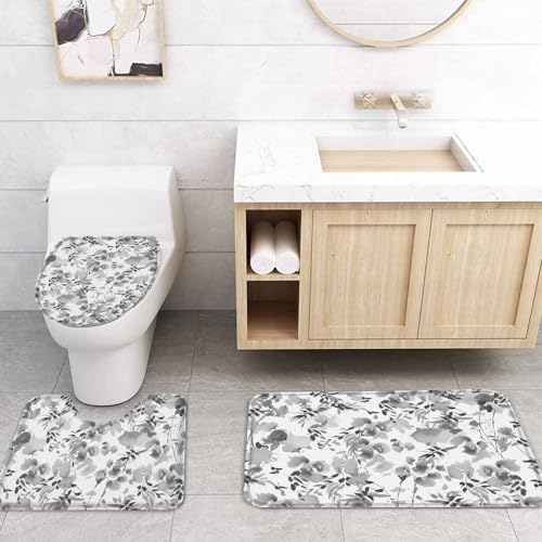 Gray Flower Bathroom Set with Curtain Rug and Hooks