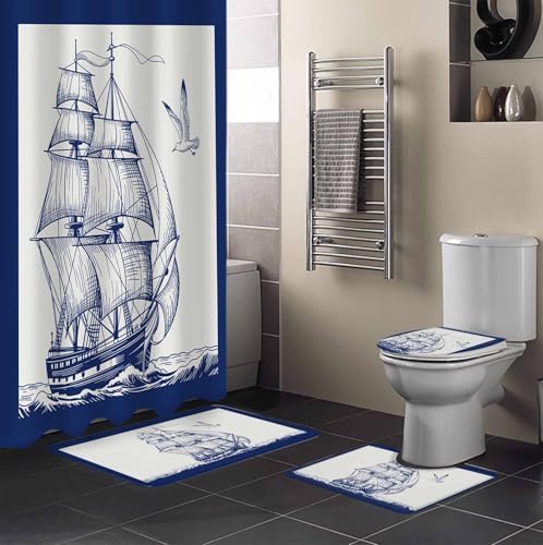 Nautical Sailboat Bathroom Set with Curtain Rug and Hooks - Navy Blue 36x72 Inches
