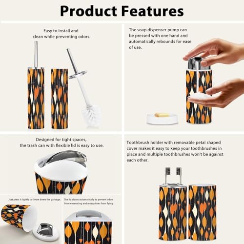 Boho Black Orange Geometric Bathroom Accessory Set 6 Piece
