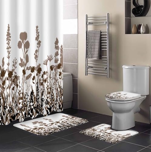 Brown Botanical Bathroom Set with Rug and Hooks