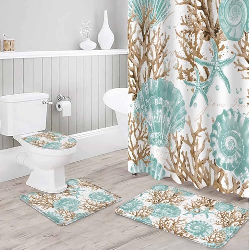 Turquoise Starfish Bathroom Set with Curtain Rug and Accessories
