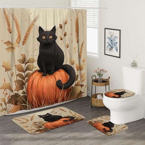 4PCS Fall Cartoon Cat Bath Accessory Set with Non-Slip Rug