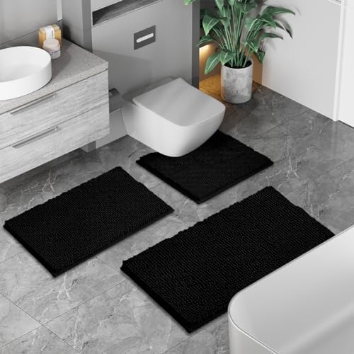RUN HELIX 2 Piece Thick Chenille Bath Mats Set Black