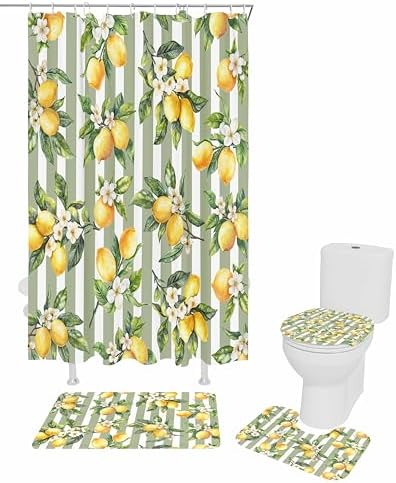 ZOE GARDEN Lemon Strope Bathroom Set with Curtain Rug and Accessories 1