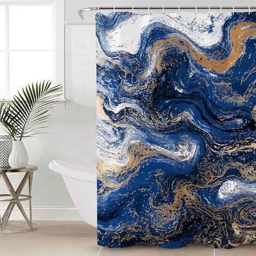 Blue Marble Bathroom Set with Curtain and Rug Accessories