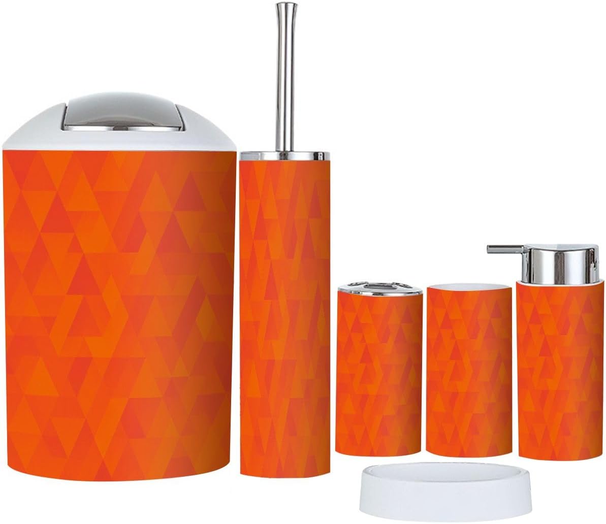 Boho Bathroom Accessory Set 6 Piece Orange Yellow Triangle Pattern