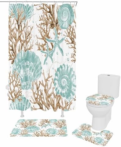 Turquoise Starfish Bathroom Set with Curtain Rug and Accessories