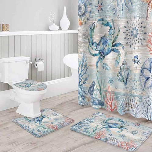 ZOE GARDEN Retro Blue Bathroom Set with Curtain Rug and Hooks