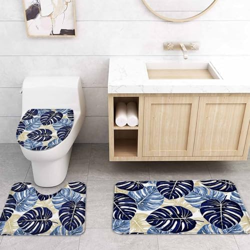 Navy Palm Leaf Bathroom Set with Curtain Rug and Accessories